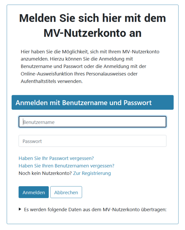 Baugenehmigung online Anmeldung MV Nutzerkonto